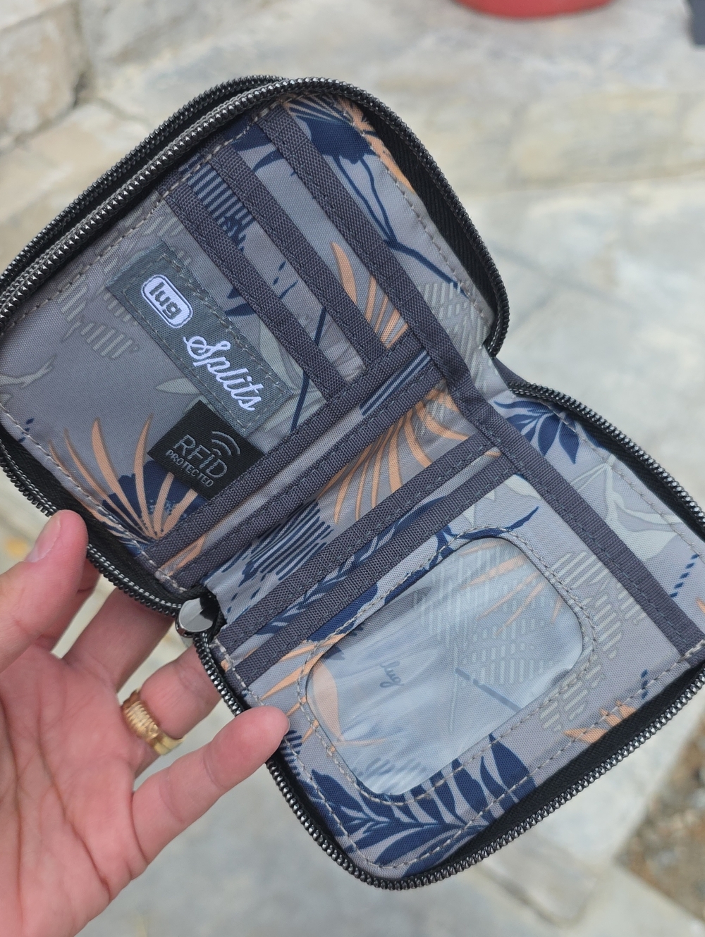 lug Splits RFID Zip Wallet - Gray with Blue and Tan Leaf Print